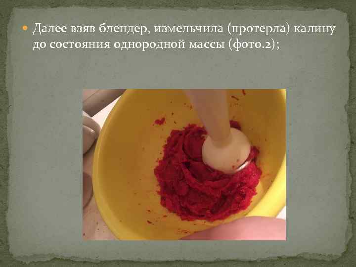  Далее взяв блендер, измельчила (протерла) калину до состояния однородной массы (фото. 2); 