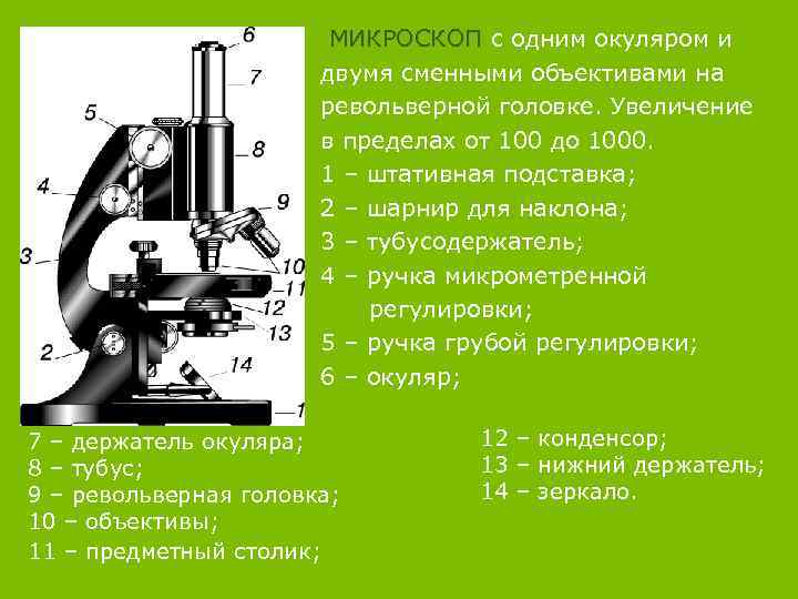  МИКРОСКОП с одним окуляром и МИКРОСКОП двумя сменными объективами на револьверной головке. Увеличение