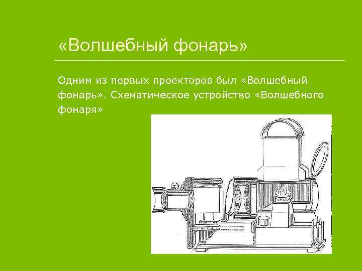  «Волшебный фонарь» Одним из первых проекторов был «Волшебный фонарь» . Схематическое устройство «Волшебного
