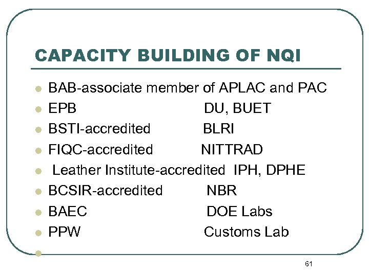 CAPACITY BUILDING OF NQI l l l l BAB-associate member of APLAC and PAC