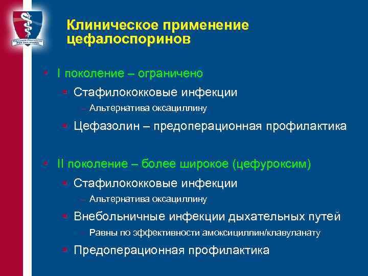 Клиническое применение цефалоспоринов • I поколение – ограничено § Стафилококковые инфекции – Альтернатива оксациллину