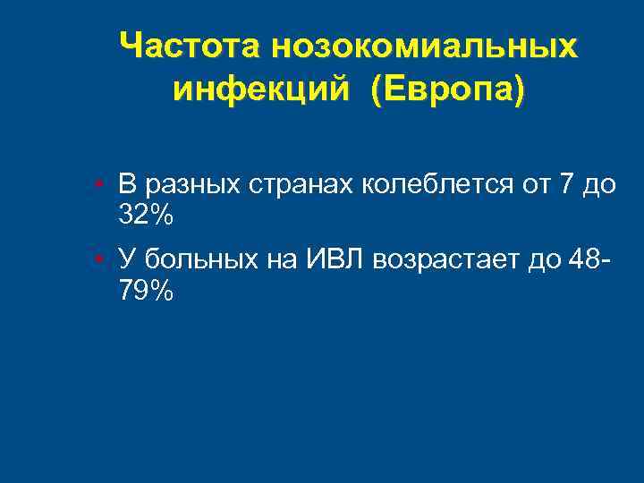 Частота нозокомиальных инфекций (Европа) • В разных странах колеблется от 7 до 32% •