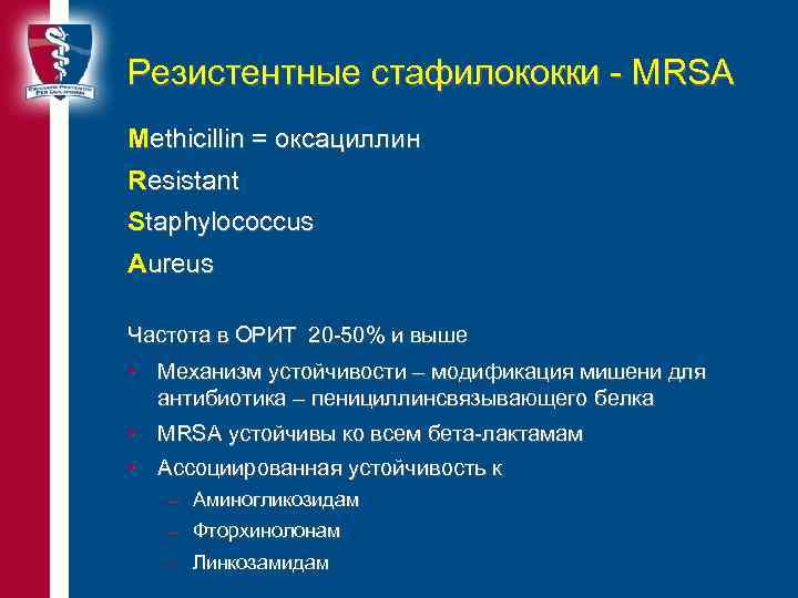 Резистентные стафилококки - MRSA Methicillin = оксациллин Resistant Staphylococcus Aureus Частота в ОРИТ 20