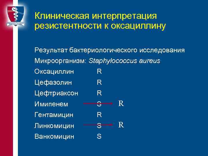 Клиническая интерпретация резистентности к оксациллину Результат бактериологического исследования Микроорганизм: Staphylococcus aureus Оксациллин R Цефазолин