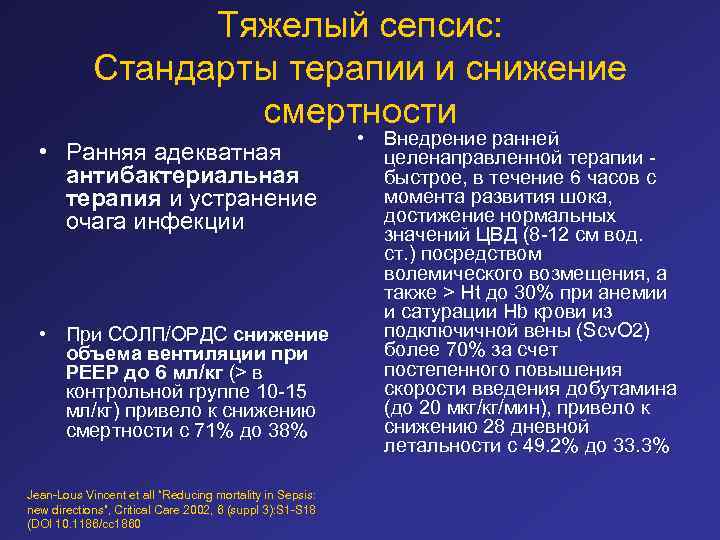 Тяжелый сепсис: Стандарты терапии и снижение смертности • Ранняя адекватная антибактериальная терапия и устранение