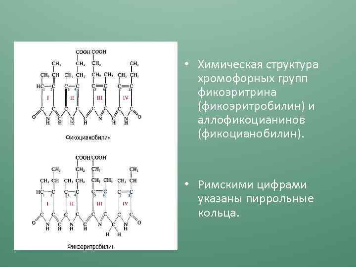  • Химическая структура хромофорных групп фикоэритрина (фикоэритробилин) и аллофикоцианинов (фикоцианобилин). • Римскими цифрами