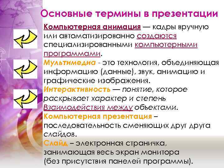 Основные термины в презентации Компьютерная анимация — кадры вручную или автоматизированно создаются специализированными компьютерными