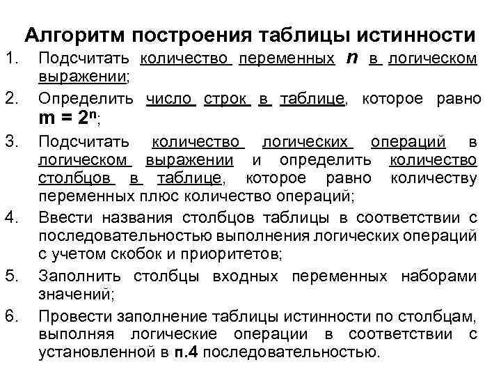 Алгоритм построения таблицы истинности 1. 2. 3. 4. 5. 6. Подсчитать количество переменных n