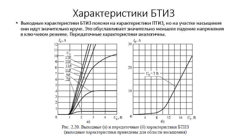 Характеристики БТИЗ • Выходные характеристики БТИЗ похожи на характеристики ПТИЗ, но на участке насыщения