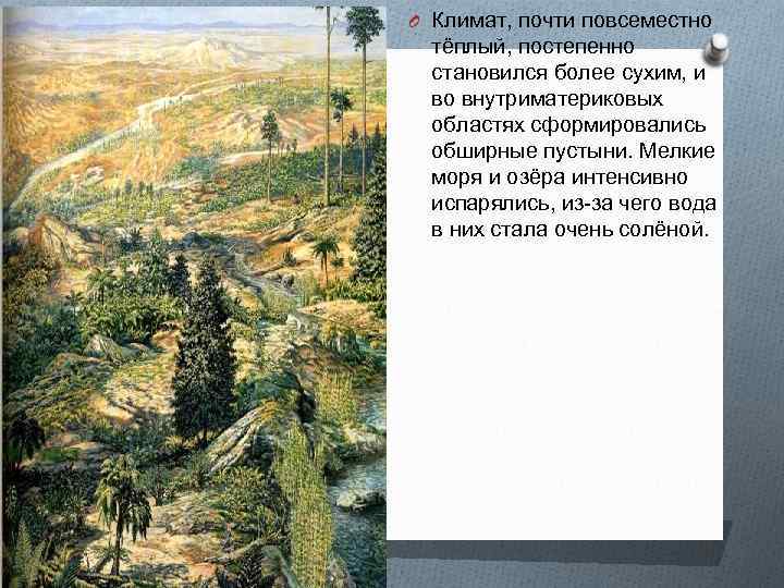 O Климат, почти повсеместно тёплый, постепенно становился более сухим, и во внутриматериковых областях сформировались