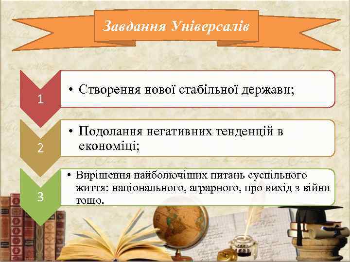 Завдання Універсалів 1 • Створення нової стабільної держави; 2 • Подолання негативних тенденцій в