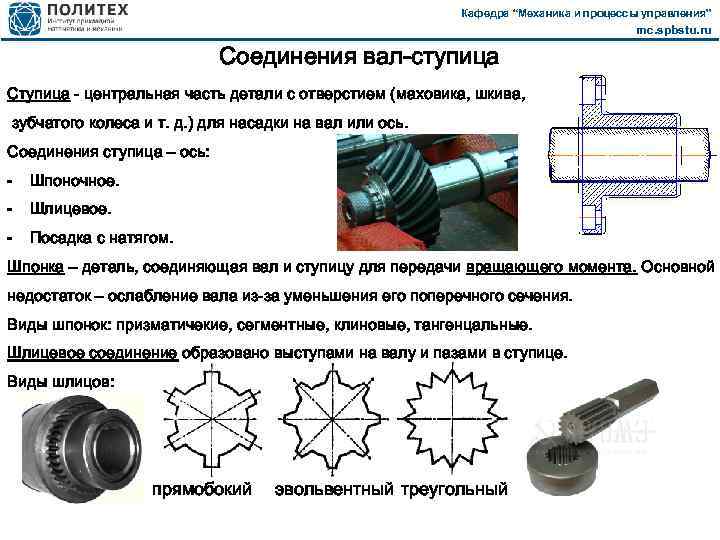 Кафедра “Механика и процессы управления” mc. spbstu. ru Соединения вал-ступица Ступица - центральная часть