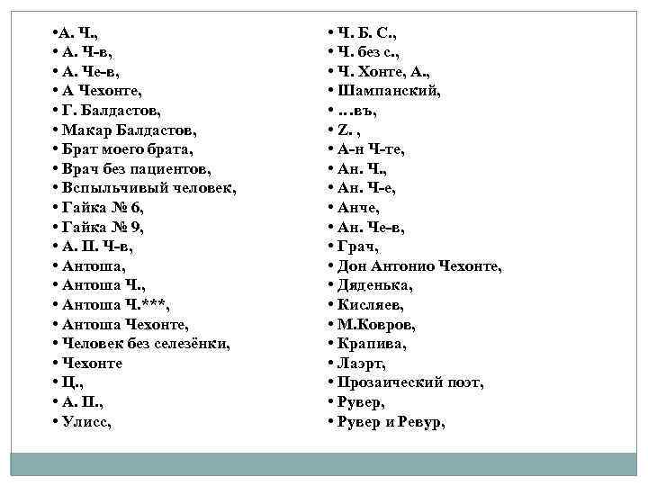  • А. Ч. , • А. Ч-в, • А. Че-в, • А Чехонте,