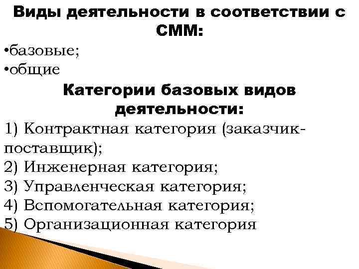 Виды деятельности в соответствии с СММ: • базовые; • общие Категории базовых видов деятельности: