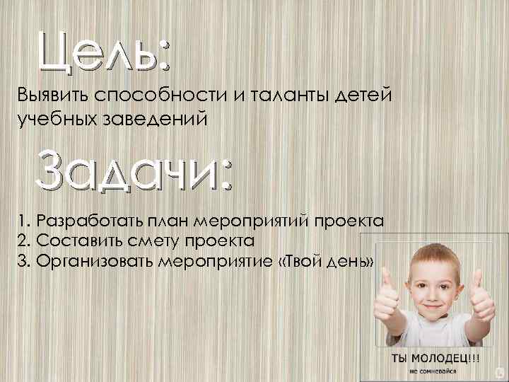 Цель: Выявить способности и таланты детей учебных заведений Задачи: 1. Разработать план мероприятий проекта