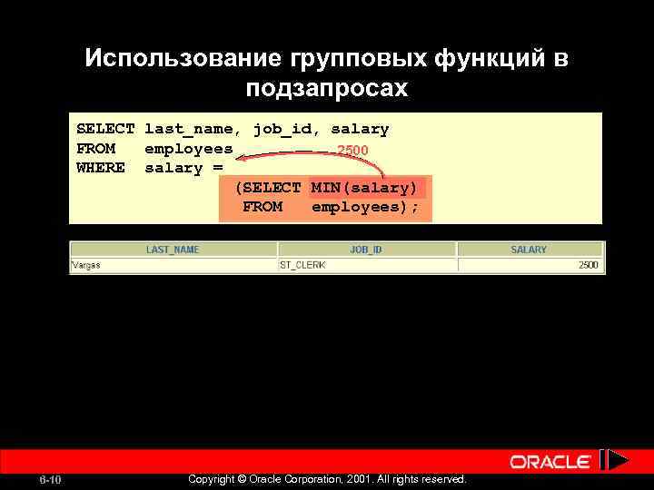 Использование групповых функций в подзапросах SELECT last_name, job_id, salary FROM employees 2500 WHERE salary