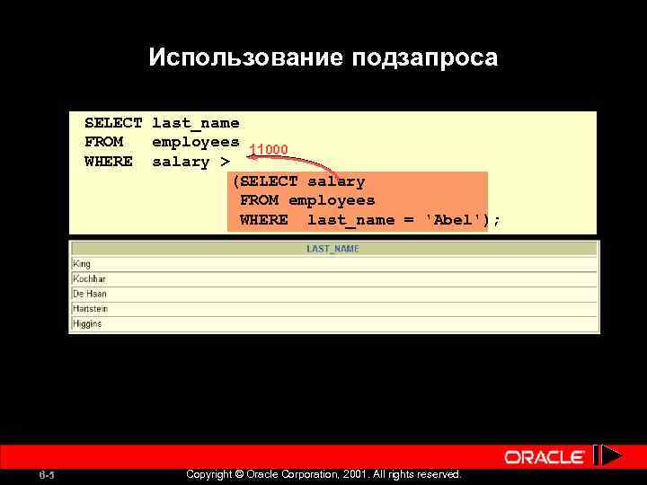 Использование подзапроса SELECT last_name FROM employees 11000 WHERE salary > (SELECT salary FROM employees