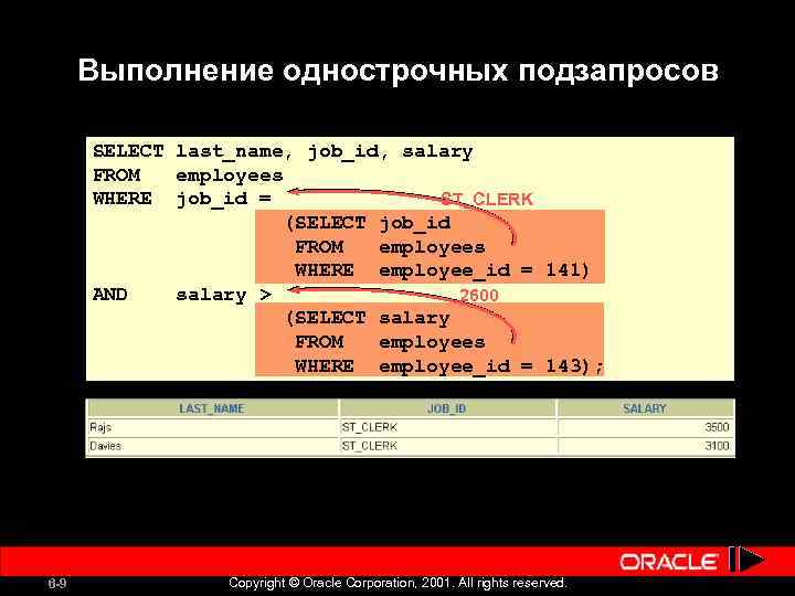 Выполнение однострочных подзапросов SELECT last_name, job_id, salary FROM employees WHERE job_id = ST_CLERK (SELECT