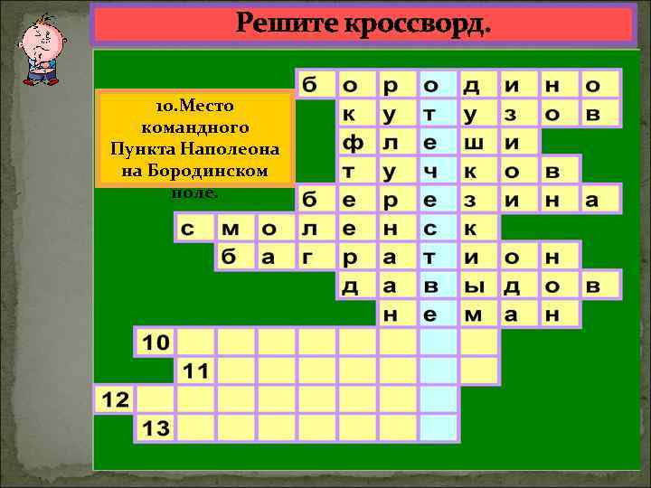 Решите кроссворд. 10. Место командного Пункта Наполеона на Бородинском поле. 