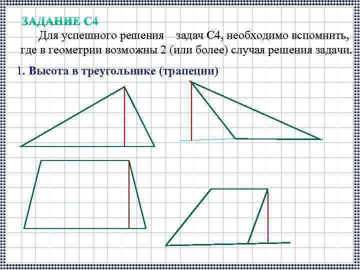 Для успешного решения задач С 4, необходимо вспомнить, где в геометрии возможны 2 (или