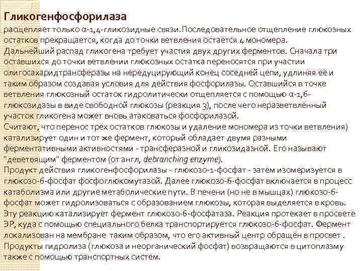 Гликогенфосфорилаза расщепляет только α-1, 4 -гликозидные связи. Последовательное отщепление глюкозных остатков прекращается, когда до