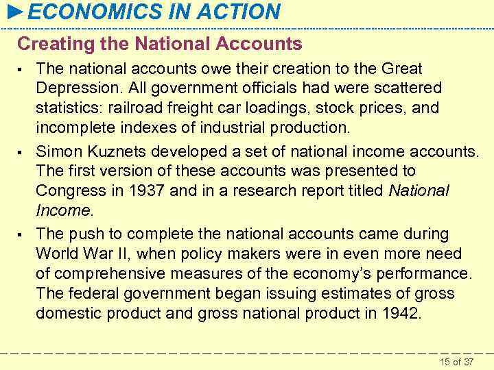 ►ECONOMICS IN ACTION Creating the National Accounts § § § The national accounts owe