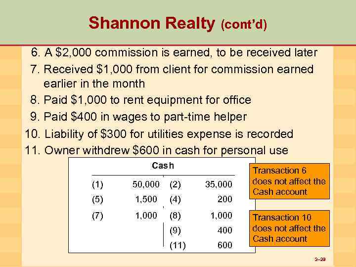 Shannon Realty (cont’d) 6. A $2, 000 commission is earned, to be received later