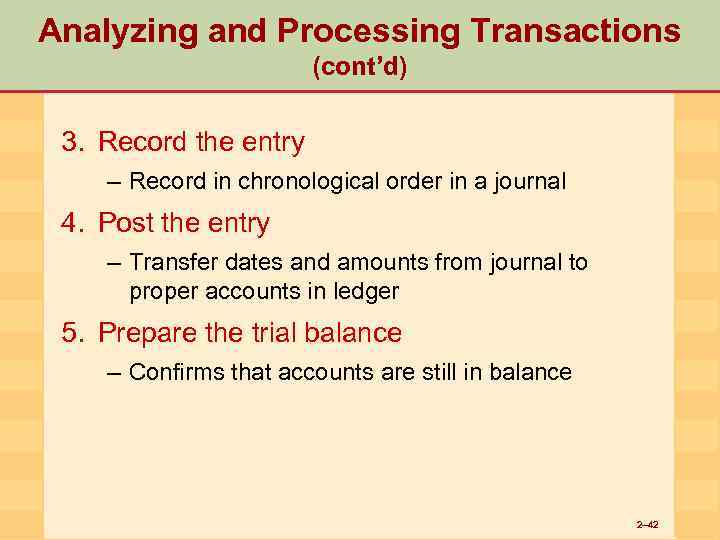 Analyzing and Processing Transactions (cont’d) 3. Record the entry – Record in chronological order
