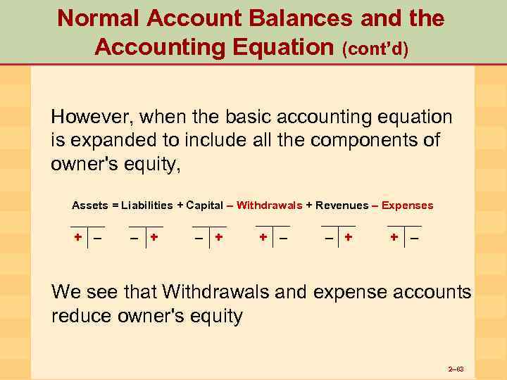 Normal Account Balances and the Accounting Equation (cont’d) However, when the basic accounting equation