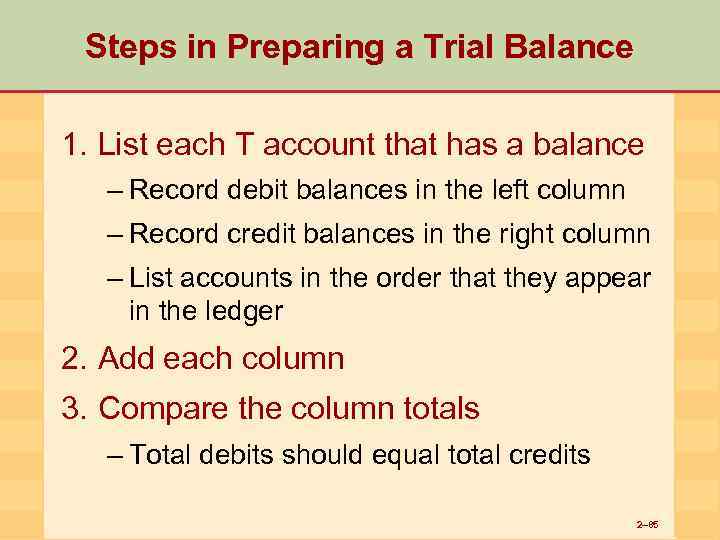Steps in Preparing a Trial Balance 1. List each T account that has a