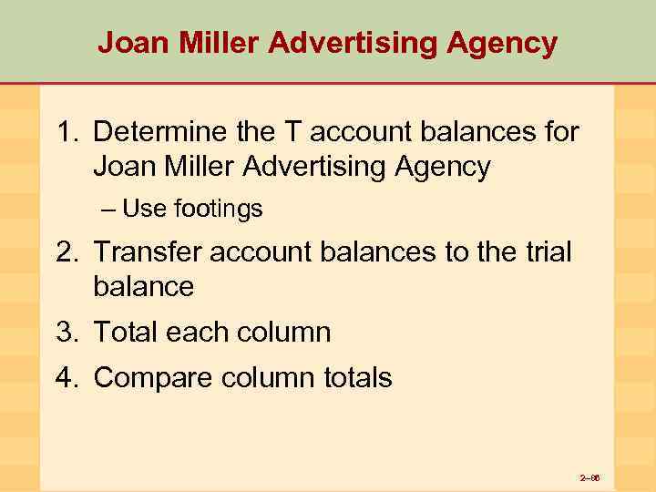 Joan Miller Advertising Agency 1. Determine the T account balances for Joan Miller Advertising