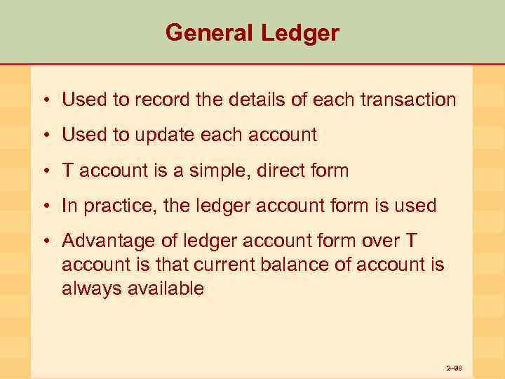 General Ledger • Used to record the details of each transaction • Used to