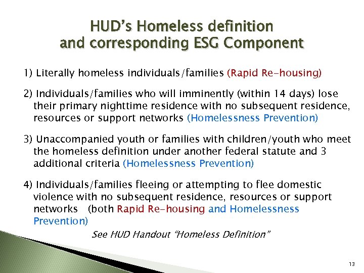 HUD’s Homeless definition and corresponding ESG Component 1) Literally homeless individuals/families (Rapid Re-housing) 2)