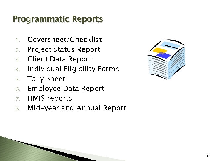 Programmatic Reports 1. 2. 3. 4. 5. 6. 7. 8. Coversheet/Checklist Project Status Report