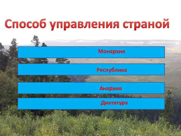 Способ управления страной Монархия Республика Анархия Диктатура 