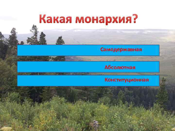 Какая монархия? Самодержавная Абсолютная Конституционная 