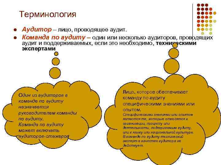Терминология l l Аудитор – лицо, проводящее аудит. Команда по аудиту – один или