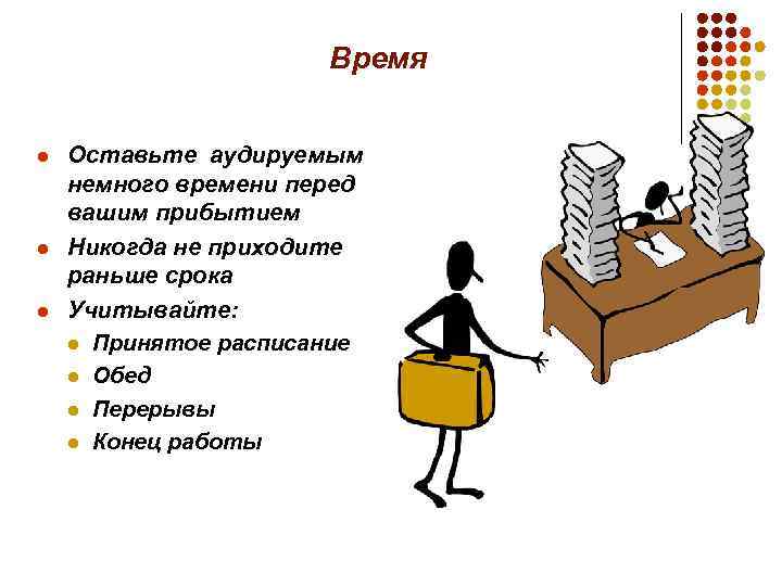 Время l l l Оставьте аудируемым немного времени перед вашим прибытием Никогда не приходите