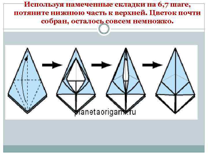 Используя намеченные складки на 6, 7 шаге, потяните нижнюю часть к верхней. Цветок почти