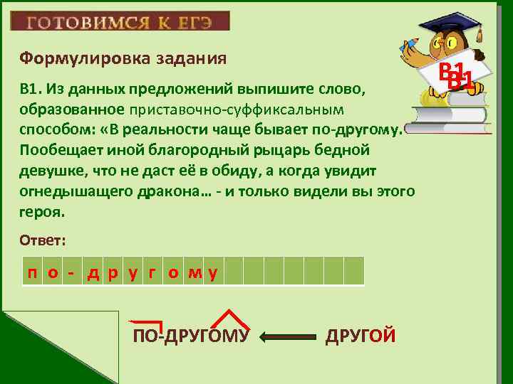 Формулировка задания В 1. Из данных предложений выпишите слово, образованное приставочно-суффиксальным способом: «В реальности