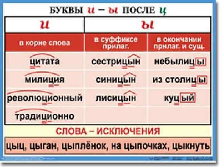 Условия выбора написания И-Ы после Ц 