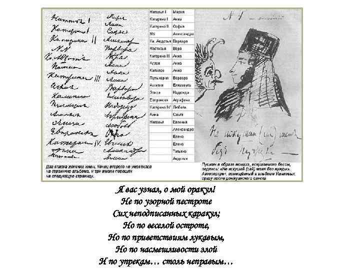 Я вас узнал, о мой оракул! Не по узорной пестроте Сих неподписанных каракул; Но