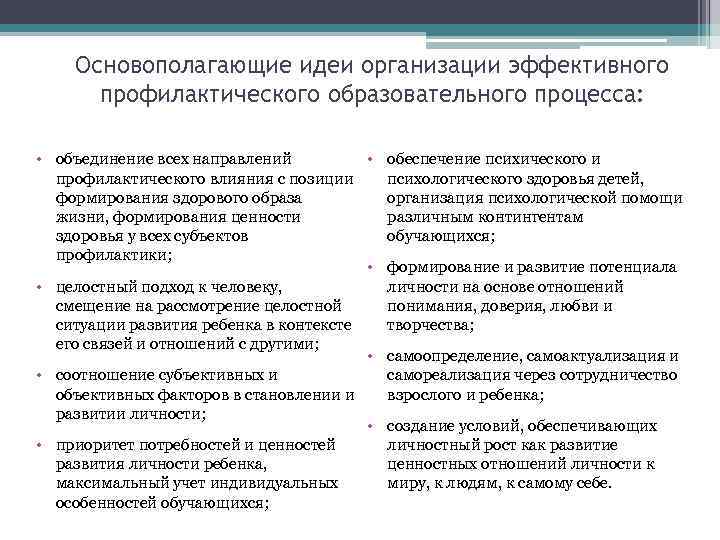 Основополагающие идеи организации эффективного профилактического образовательного процесса: • объединение всех направлений • обеспечение психического