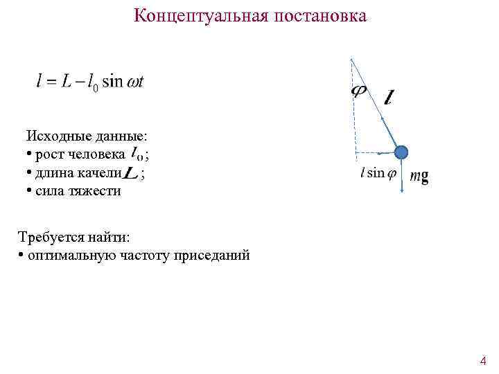 Концептуальная постановка Исходные данные: • рост человека ; • длина качели ; • сила