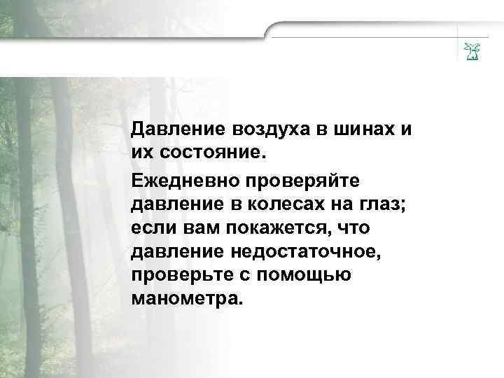 Давление воздуха в шинах и их состояние. Ежедневно проверяйте давление в колесах на глаз;