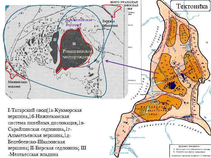 Тектоника Альметьевская вершина Ромашкинское месторождение Мелекесская впадина I-Татарский свод(1 а-Кукморская вершина, 1 б-Нижнекамская система