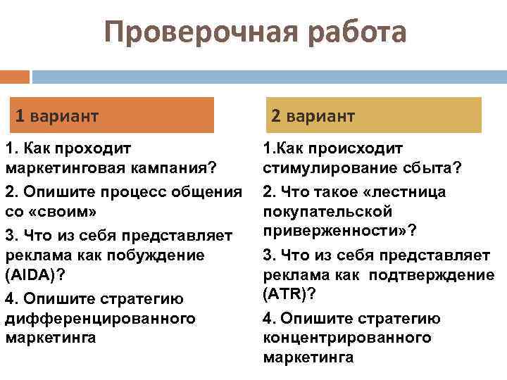 Проверочная работа 1 вариант 2 вариант 1. Как проходит маркетинговая кампания? 1. Как происходит