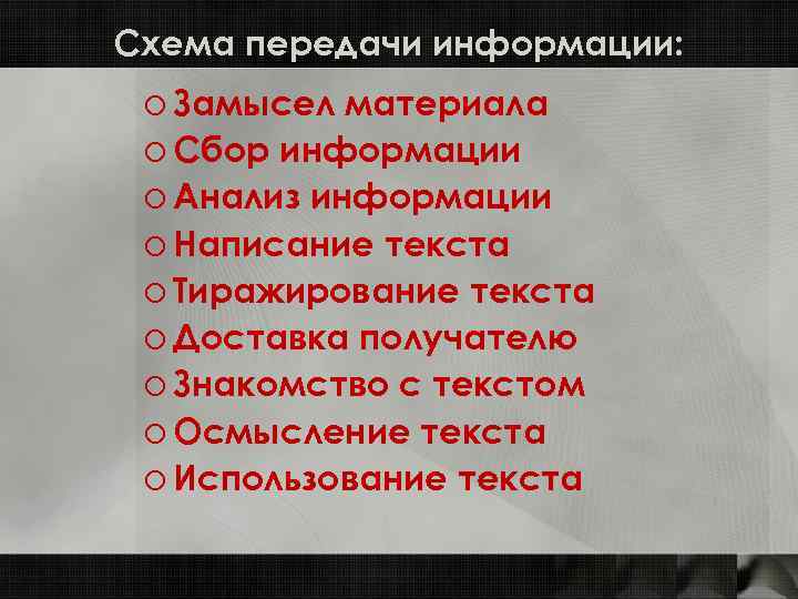 Схема передачи информации: o Замысел материала o Сбор информации o Анализ информации o Написание