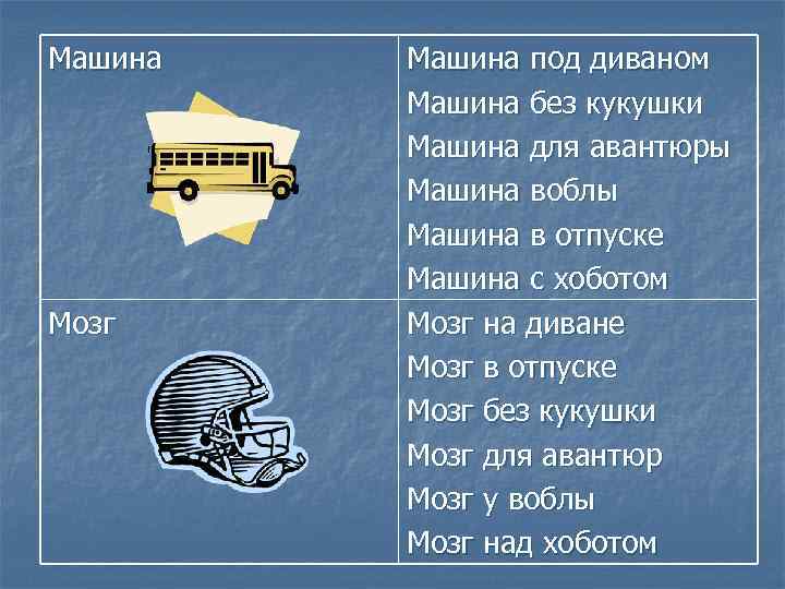 Машина Мозг Машина под диваном Машина без кукушки Машина для авантюры Машина воблы Машина