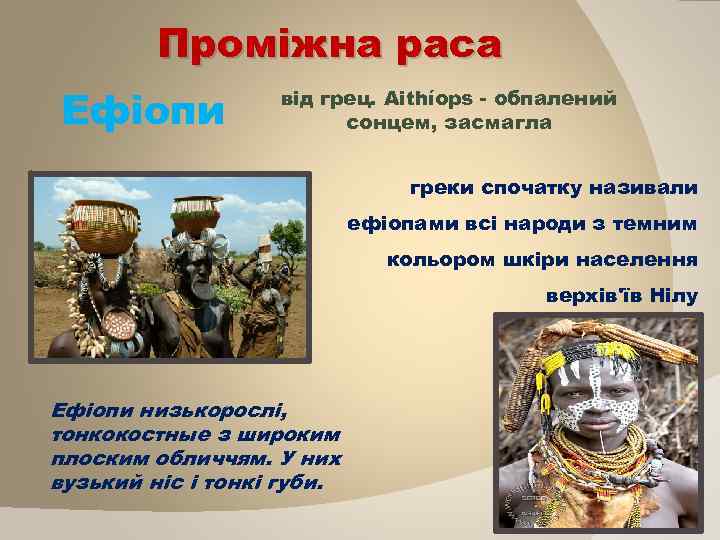 Проміжна раса Ефіопи від грец. Aithíops - обпалений сонцем, засмагла греки спочатку називали ефіопами